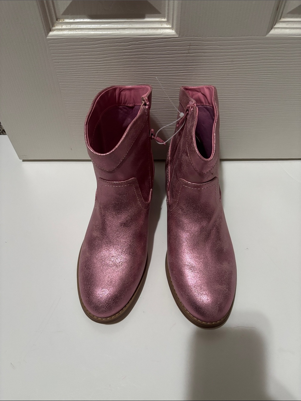 Metallic Pink Heeled Ankle Boots - Women's Shimmery Booties